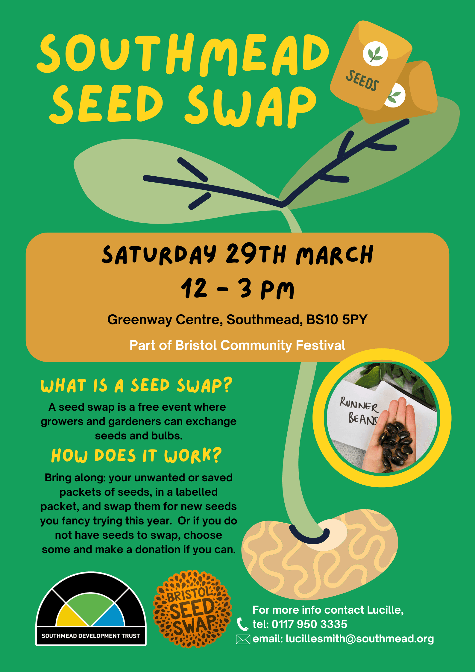 Everyone is invited to the Southmead Seed Swap on Saturday 29th March. The Seed Swap is a place to swap any kind of seeds to grow, or if you do not have seeds to swap you can still take seeds away and leave a donation. Experienced gardeners will be there to give us advice, and most importantly we can enjoy friendly chats over a cuppa. Why swap seeds? It is to save us money, reduce our waste, and to help the environment by growing plants and veg. You do not need any experience – beginners and green fingers, and everyone in between is welcome. The Southmead Seed Swap is part of a bigger event at Greenway Centre on the same day – Bristol Community Festival. There will be lots to see and do including Greenway’s regular market, tasting food from different cultures, and the launch of the new Southmead Repair Café, plus more. Date: 29th March 2025 At: Greenway Centre Time: 12 – 3 PM How It Works: Bring seeds to swap. No seeds? No worries! Take some and leave a donation if you can Get advice from experienced gardeners Enjoy a friendly chat over tea and coffee For more info, contact Lucille, email: lucillesmith@southmead.org, or call 0117 950 3335 Thanks to our partners Bristol Seed Swap. For all info about the big Bristol Seed Swap at Trinity Centre, on Sunday 23rd February